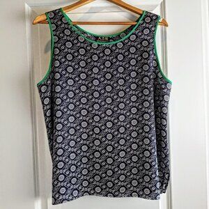 B&W Print Green Trim Pure Silk Sleeveless Top